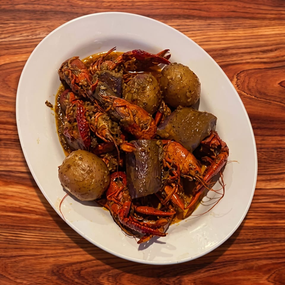 Plate of boiled crawfish, potatoes, and eggplant in a savory sauce on a wooden table.