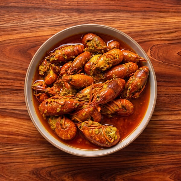 Bowl of cooked crawfish in a spicy red sauce on a wooden table.